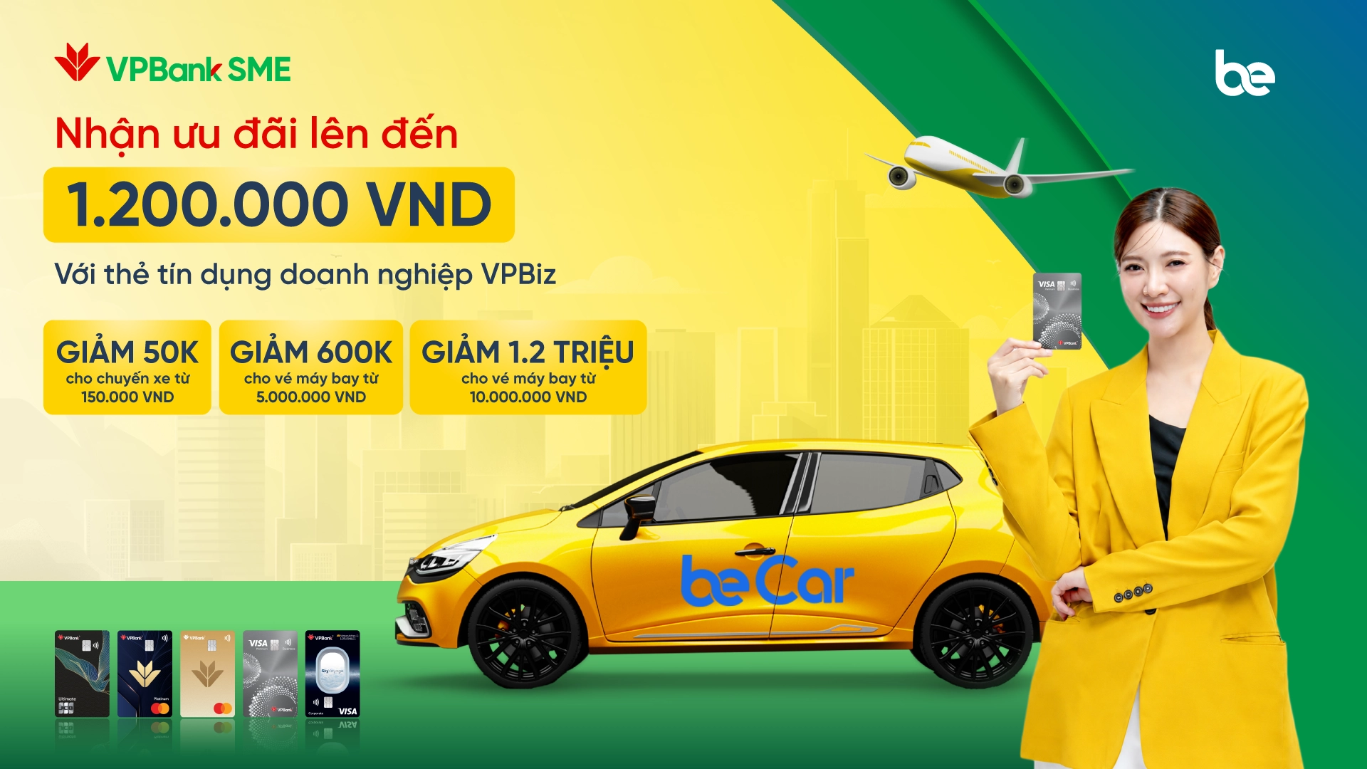 Giảm 50k khi đặt xe và 1.2 triệu khi đặt vé máy bay với Thẻ tín dụng doanh nghiệp VPBiz